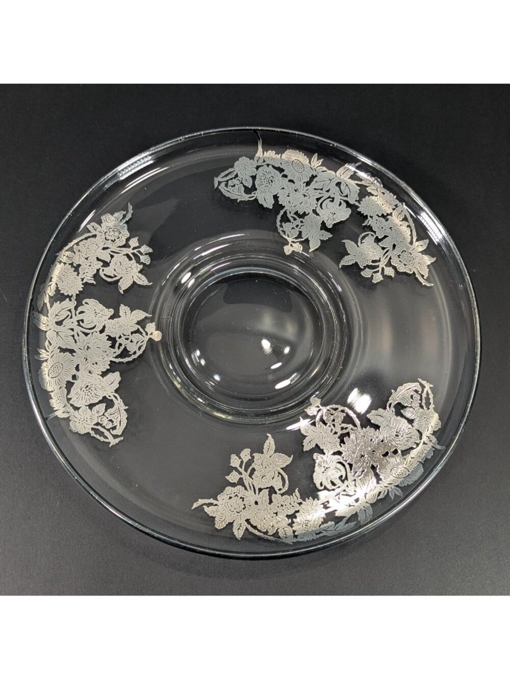 10" Silver Overlay Cake Plate, Floral pattern clear glass serving dish